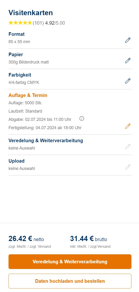 Screenshot Pinguindruck - Preis für 5000 Visitenkarten