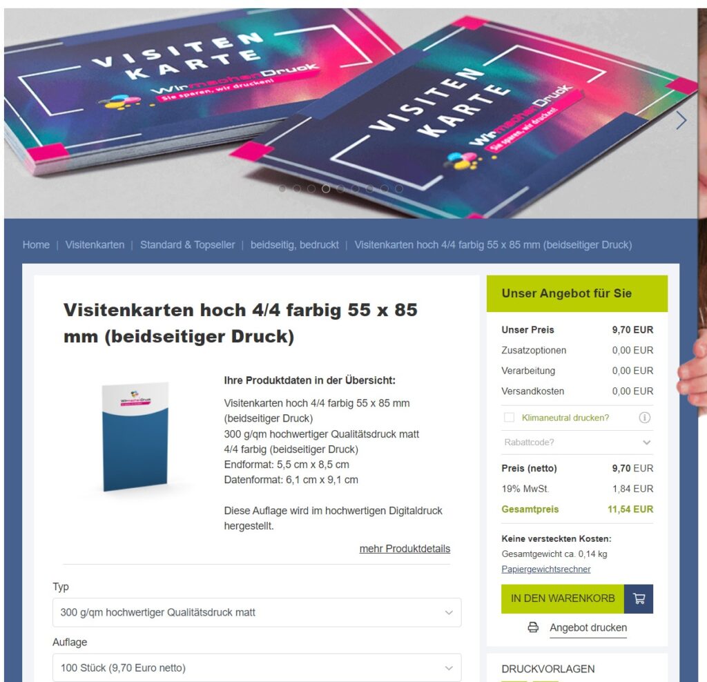 Screenshot von Wir-machen-druck.de - Preis für 100 Visitenkarten